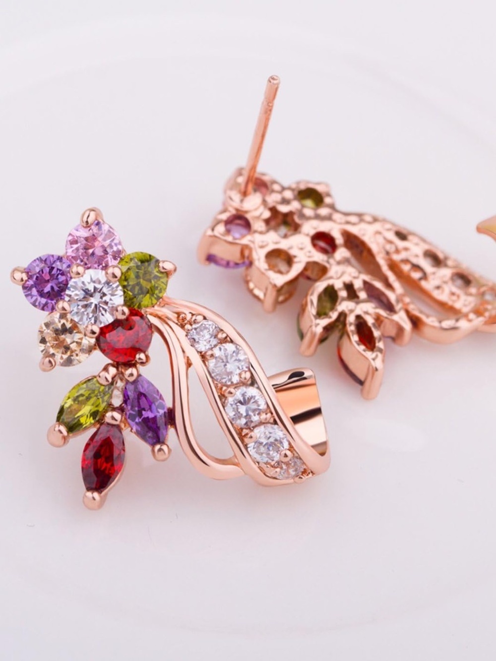 Multicolor Floral Rose Gold Earrings - Elegant Women Jewelry - Picture 5 of 6